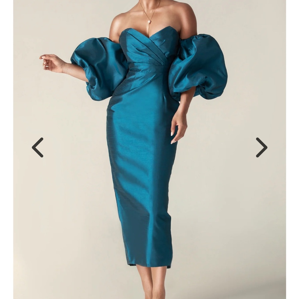 Tiffany Dupioni puff sleeve dress in royal blue never worn with tags in size M